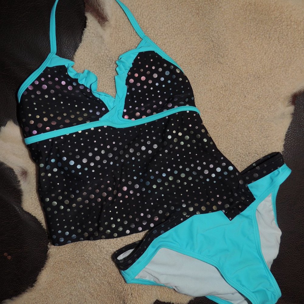 OP - Girl's Swimsuit - Twin Set in Aqua & Black with Iridescent Polka Dots
